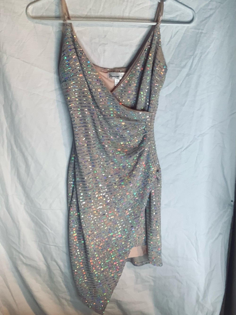 Honey and Rosie Silver Holographic Asymmetrical Sequin Dress